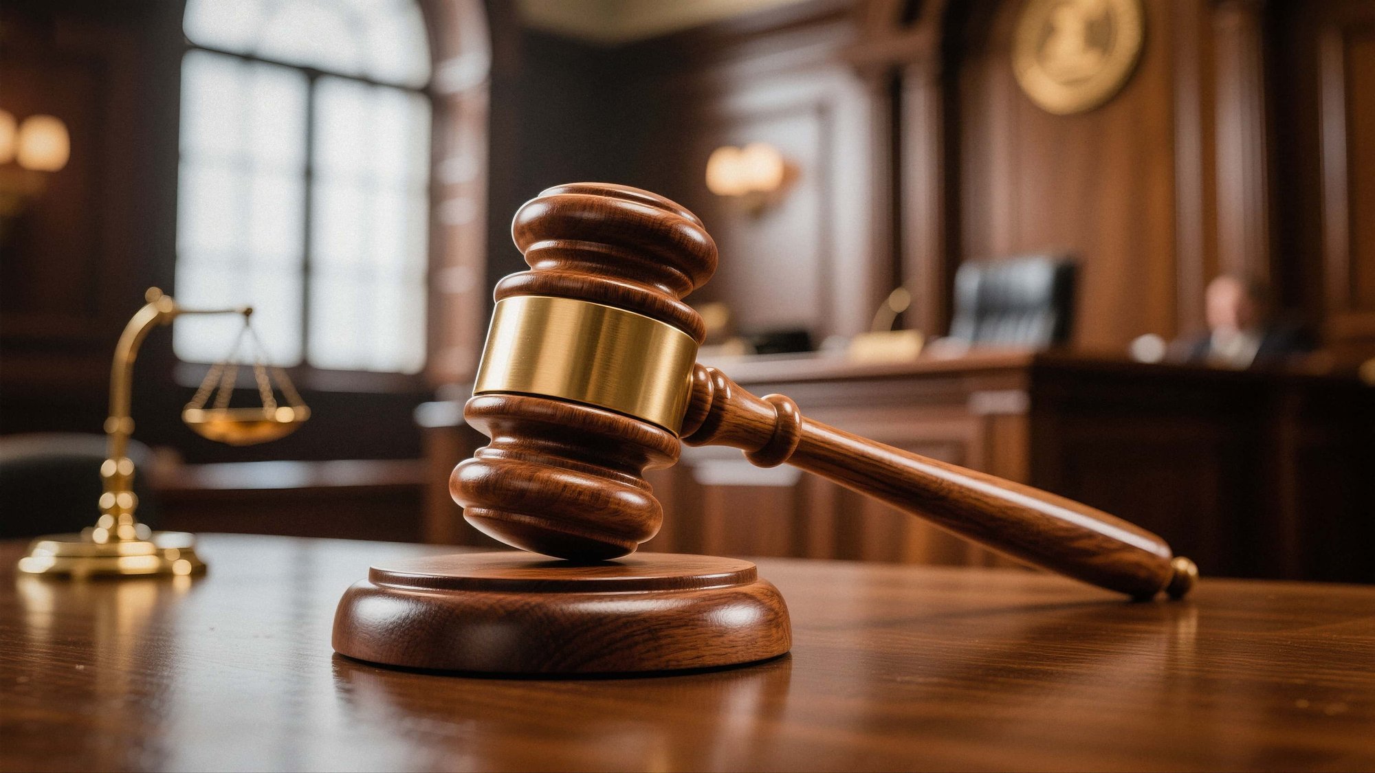 búa gỗ đặt trên bàn trong phòng xử án